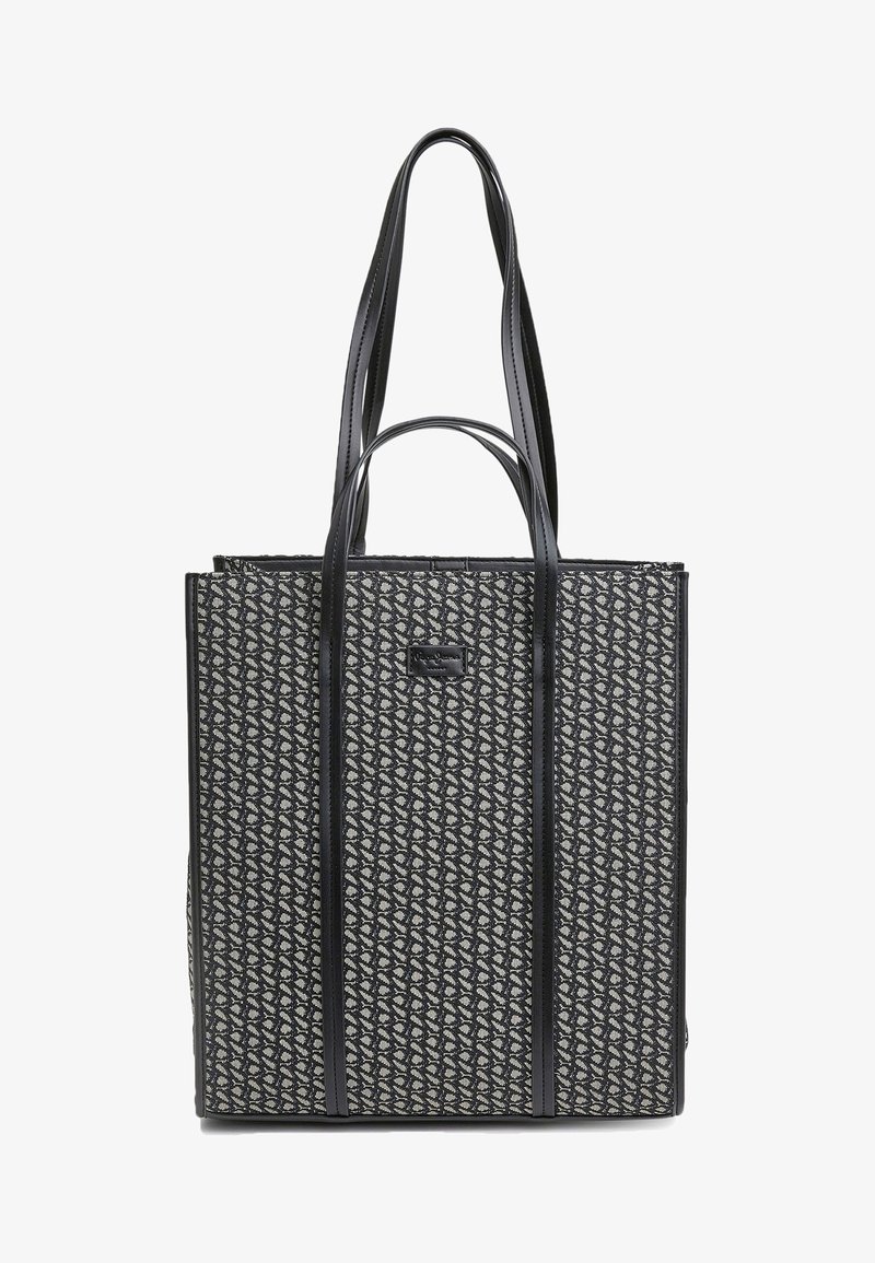 Svart tote-väska med en texturerad, mönstrad tyg som har ett upprepande mönster. Den har två långa axelremmar och en rektangulär form.