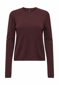 Suéter burdeos de manga larga con cuello redondo, puños y dobladillo acanalados, hecho de un suave tejido de punto con una textura sutil.