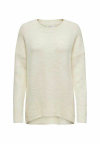 Maglione in ivori a maglia con scollo tondo, spalle scese, maniche lunghe e fondo a coste. Tessuto morbido, leggermente più lungo sul retro.