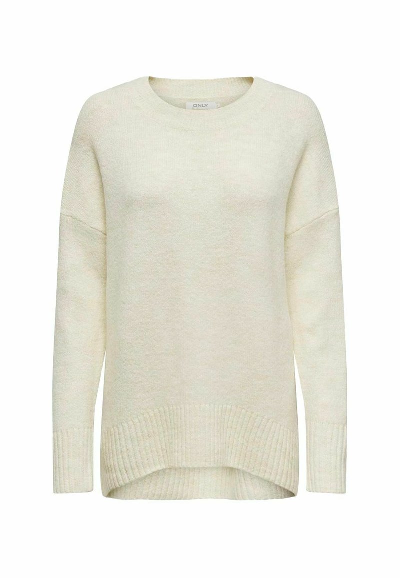 Maglione in ivori a maglia con scollo tondo, spalle scese, maniche lunghe e fondo a coste. Tessuto morbido, leggermente più lungo sul retro.