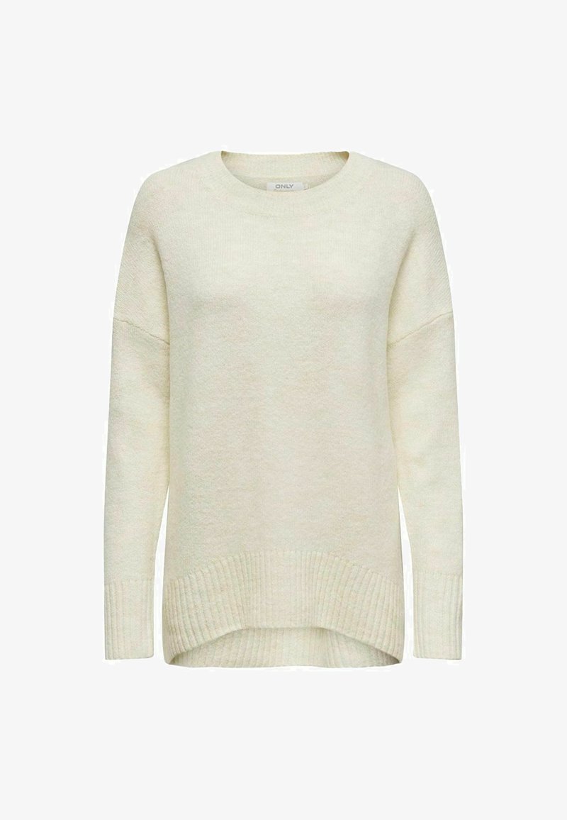 Maglione in ivori a maglia con scollo tondo, spalle scese, maniche lunghe e fondo a coste. Tessuto morbido, leggermente più lungo sul retro.