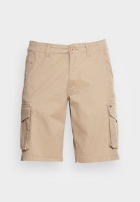 Beige Cargo Shorts mit zwei Seitentaschen, Gürtelschlaufen, Knopfverschluss und einer lässigen Passform. Hergestellt aus leichtem Baumwollstoff.