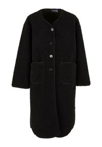 Cappotto in pile nero a maniche lunghe, lungo fino al ginocchio, con quattro bottoni anteriori e due grandi tasche a toppa frontali.