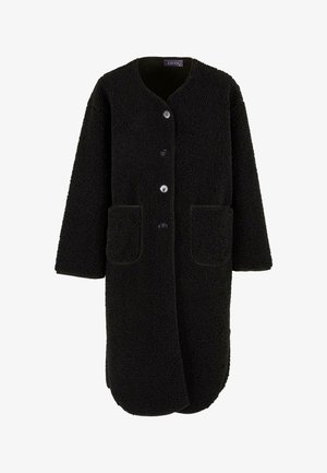 Manteau en polaire noir à manches longues, de longueur genou, avec quatre boutons sur le devant et deux grandes poches avant plaquées.