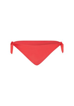 Slip bikini rosso con fiocchi laterali in tessuto liscio, progettato per l'uso in costume da bagno.