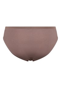 Brune bomuldsboxershorts med en sømløs design, glat tekstur og en bred elastik. Bagsiden viser en buet indsyet kant.