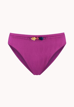 Paarse bikini onderkant met textuur en drie decoratieve kralen in geel, rood en donkerblauw op de voorste tailleband.