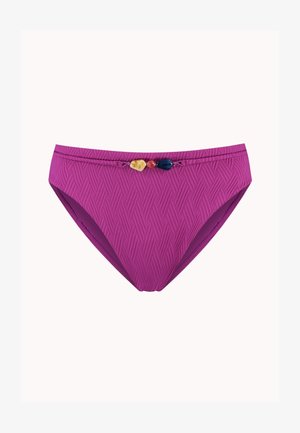 Bas de bikini violet texturé avec trois perles décoratives jaune, rouge et bleu foncé sur la ceinture avant.