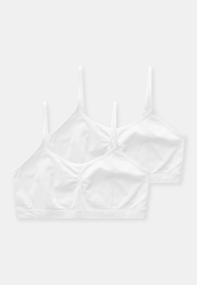 Weiße Baumwoll-Bralettes mit verstellbaren Trägern, nahtlosem Design, weicher Textur und einem einfachen, minimalistischen Stil. Enthält zwei Stück.