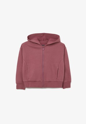 Sudadera con capucha rosada y cremallera, de mangas largas, con bolsillos tipo canguro y puños acanalados. Hecha de una tela suave y texturizada con un acabado liso.