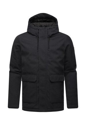 Black waterproof jacket with a hood, featuring two front pockets, adjustable drawstrings, and a smooth, textured finish.