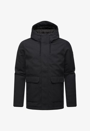 Schwarze wasserdichte Jacke mit Kapuze, zwei vorderen Taschen, verstellbaren Kordeln und einer glatten, strukturierten Oberfläche.