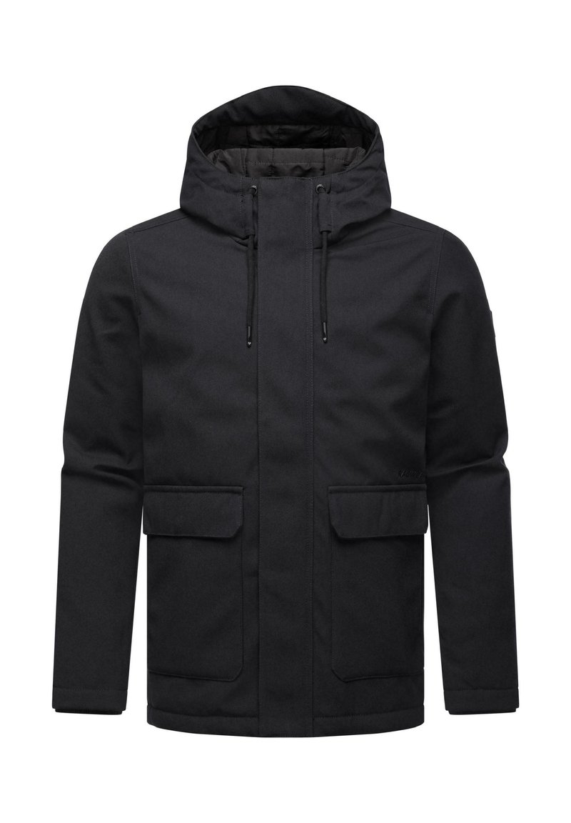 Black waterproof jacket with a hood, featuring two front pockets, adjustable drawstrings, and a smooth, textured finish.