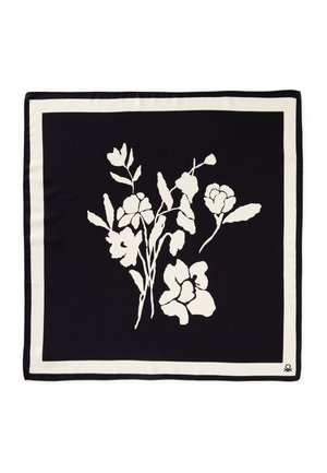Seidenschal mit schwarzem Hintergrund und weißen Blumenmustern. Mit einem kontrastierenden weißen Rand eingefasst. Besonders bemerkenswert ist die glatte Textur.