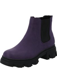 Botín Chelsea morado de piel con paneles elásticos negros en los laterales, suela negra gruesa y acabado texturizado. Presenta un diseño de punta redonda.