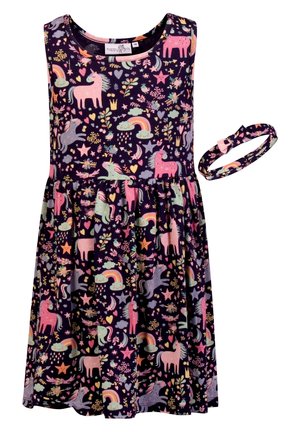 Robe sans manches pour filles et bandeau assorti avec un motif coloré de licornes, d'arcs-en-ciel, d'étoiles et de cœurs sur un fond sombre.