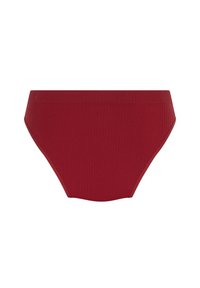 Rode geribde high-waisted panties met een zachte textuur en elastische tailleband. Heeft een gladde afwerking en gebogen beenopeningen.
