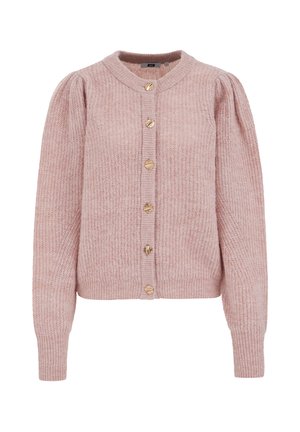 Cardigan rose tricoté avec un col rond, des manches longues et un détail d'épaule bouffante. Il est orné de six boutons décoratifs dorés à l'avant.