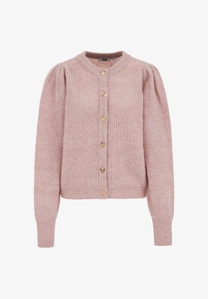Różowy dziany kardigan z okrągłym dekoltem, długimi rękawami i bufkami na ramionach. Z przodu sześć ozdobnych złotych guzików.