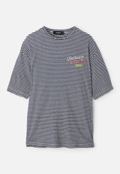Striped t-shirt with horizontal navy and white stripes, short sleeves, crew neckline, and multicolored embroidered text on the chest.