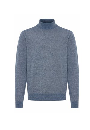 Pull en tricot bleu chiné avec un col montant. Il dispose de manches longues et de poignets et d'une bordure côtelés. Fabriqué à partir d'un tissu doux et texturé.