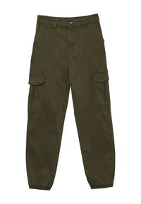 Olivgrüne Cargo-Hosen mit entspannter Passform, ausgestattet mit zwei Seitentaschen und einem Kordelzug am Saum. Hergestellt aus strapazierfähigem Baumwollmaterial.