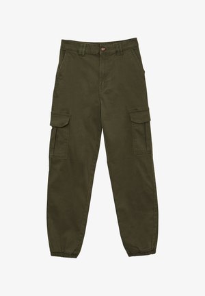 Olive green cargo pants with a relaxed fit, featuring two side pockets and a drawstring hem. Made from durable cotton material.