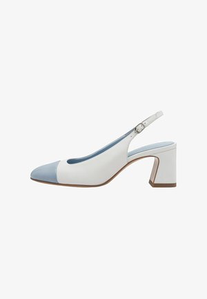 White slingback shoe with a light blue toe cap, square mid-heel, smooth leather material, and an adjustable strap with a buckle detail.