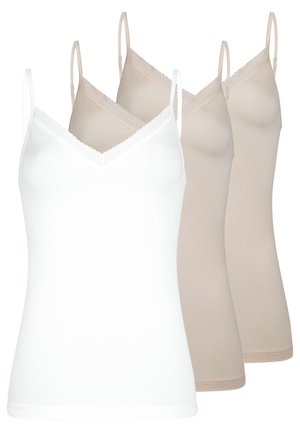 Tre kvinders ærmeløse camisoler med blonder, to beige og en hvid, på tynde justerbare skulderstropper.