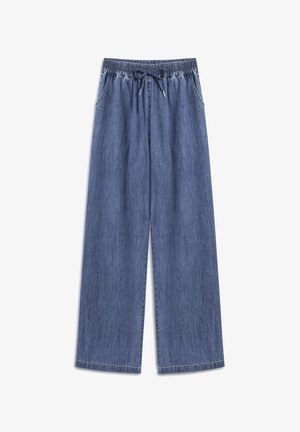 Pantalons en denim à jambes larges avec une taille élastique et un cordon de serrage. Tissu bleu clair avec une texture subtile et des détails de couture à l'ourlet.