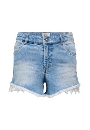 Light blue denim shorts with front pockets, metal button, belt loops, and white lace trim along the bottom hem.