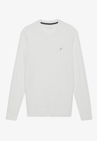 Pull en maille blanche avec des manches longues et un col rond. Précisé d'un petit logo sur la poitrine et d'un tissu texturé sur l'ensemble.