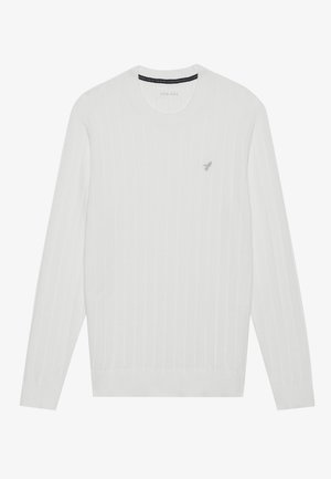 Suéter blanco de canalé con mangas largas y escote redondo. Presenta un pequeño logo en el pecho y tejido texturizado en toda su superficie.