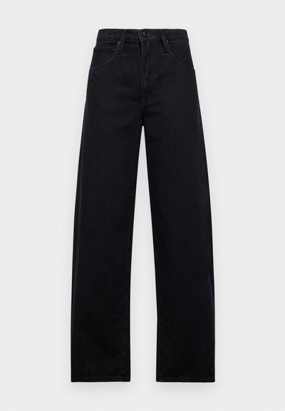 Jeans de ganga pretos com cintura alta, corte largo, design de cinco bolsos e fecho frontal por botão. Textura suave e sem padrões visíveis.