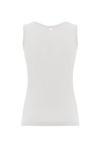 Top bianco senza maniche con scollo rotondo. Realizzato in tessuto morbido, presenta una texture liscia e un piccolo cartellino con logo sulla nuca.