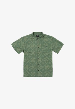 Kurzärmliges Hemd in Olivgrün mit floralem Muster. Verfügt über eine Brusttasche und braune Knöpfe. Hergestellt aus leichtem Stoff.