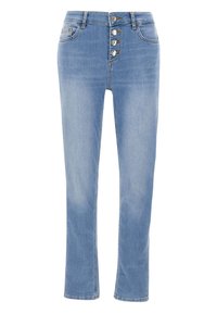Jeans in denim blu chiaro con design a gamba dritta, dotati di chiusura con bottoni e cinque bottoni metallici. Due tasche anteriori e una leggera scoloritura.