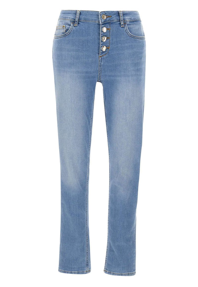Jeans in denim blu chiaro con design a gamba dritta, dotati di chiusura con bottoni e cinque bottoni metallici. Due tasche anteriori e una leggera scoloritura.
