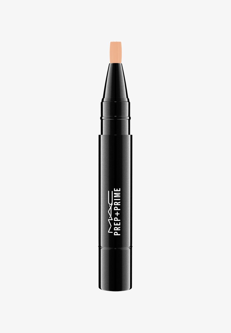 Stylo cosmétique noir avec une pointe effilée. Présente "MAC PREP + PRIME" imprimé en texte blanc. Surface lisse, design élégant et taille portable.