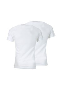 T-shirts en coton blanc, à manches courtes, design col rond, texture lisse, exposés dos à dos. Aucuns logos ni motifs visibles.