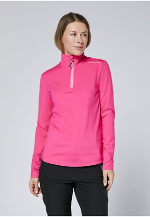 Eng anliegendes Sportoberteil mit langen Ärmeln in leuchtendem Pink, mit einem halben Reißverschluss und einem hohen Kragen. Der Stoff wirkt glatt mit mattem Finish.