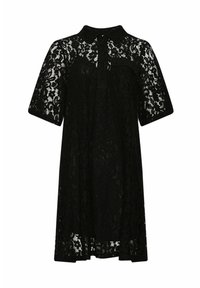 Rochie din dantelă neagră cu guler, mâneci scurte și croială lejeră. Are un model floral din dantelă pe întreaga suprafață.