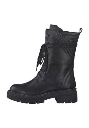 Black leather knee-high boots with lace-up front, round toe, and chunky sole. Features textured accents and reinforced sides.