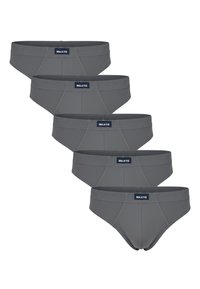 Vijf paar grijze herenslips gemaakt van zachte stof, met een lage taille en een logoband aan de taille.