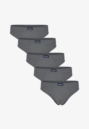 Five pairs of gray men's briefs made of soft fabric, featuring a low-rise design and a logo band at the waist.