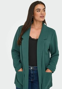 Žalias, ilgomis rankovėmis blazeris, pagamintas iš tekstūruotos medžiagos su atlapais. Turi dvi priekinės kišenes ir laisvą siluetą ant juodo marškinėlio.