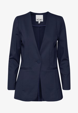 Blazer bleu marine en tissu lisse, avec un col en V, des manches longues, une fermeture à un bouton et deux poches avant.