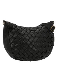 Black woven leather shoulder bag with adjustable strap and gold-tone buckle detailing, crescent-shaped with soft texture.