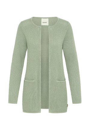 Cardigan lavorato a maglia verde chiaro con un motivo testurizzato, apertura frontale e due tasche anteriori. Il tessuto è morbido con una leggera lucentezza.