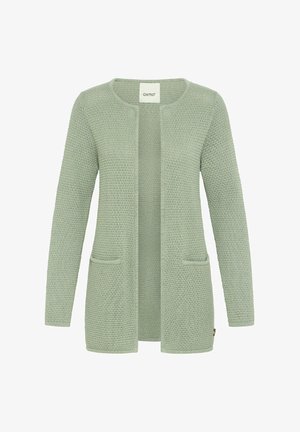 Lys grøn strikket cardigan med et struktureret mønster, åben front og to forlommer. Stoffet er blødt med en subtil glans.